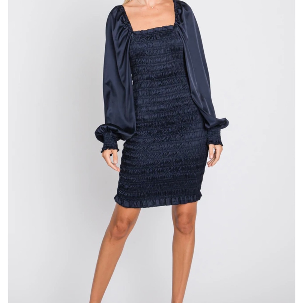 Navy Blue Smocked Dress - Picture 2 of 5